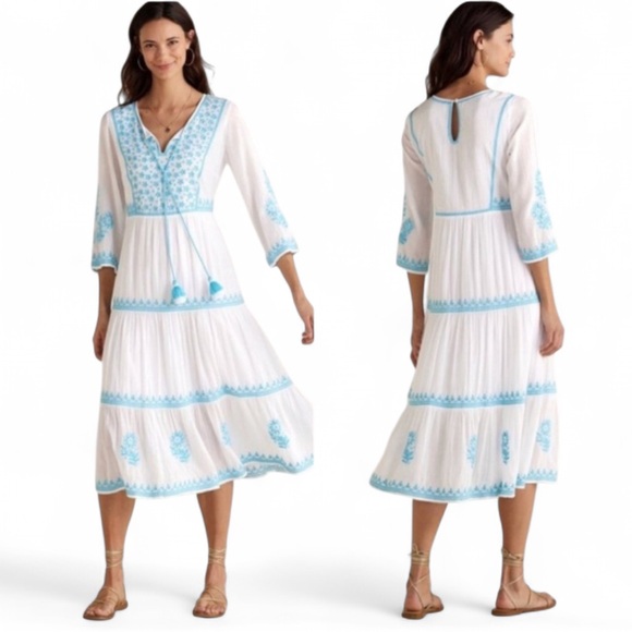 NWT |Soft Surroundings| Boho Midi Dress in White with Blue Floral Embroidery Med - Picture 2 of 10